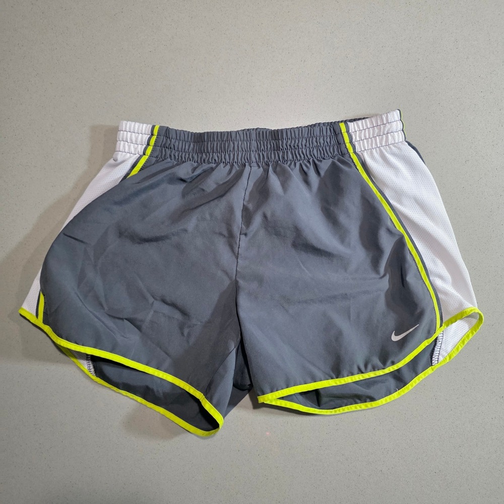 Nike Dri-FIT Women Running Shorts Gray White Neon Yellow Trim Size S